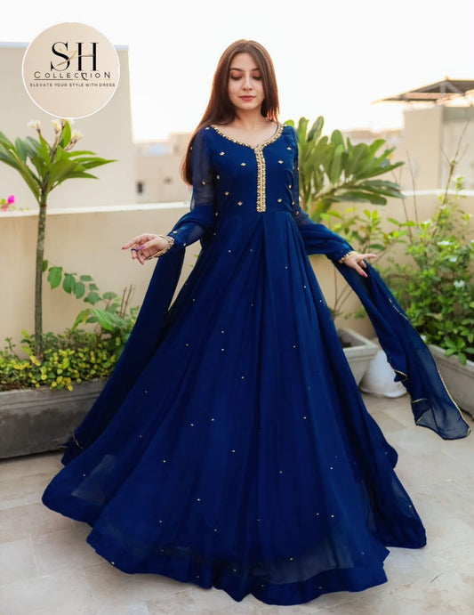 Embroidered with Pearls Attached Long Maxi With Lace Work Chiffon