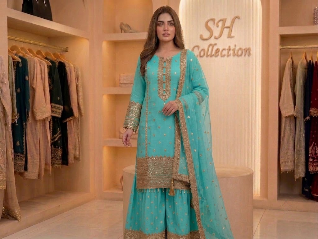 Premium chiffon shirt featuring beautiful golden embroidery on the neckline, sleeves