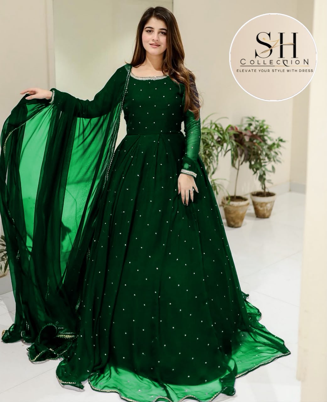 Front And Back Pearls With Lace Work Long Flare Maxi With dupatta 3pcs