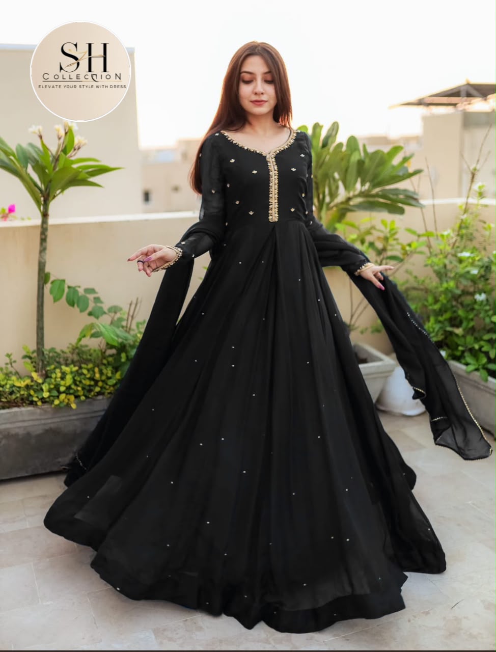 Embroidered with Pearls Attached Long Maxi With Lace Work Chiffon