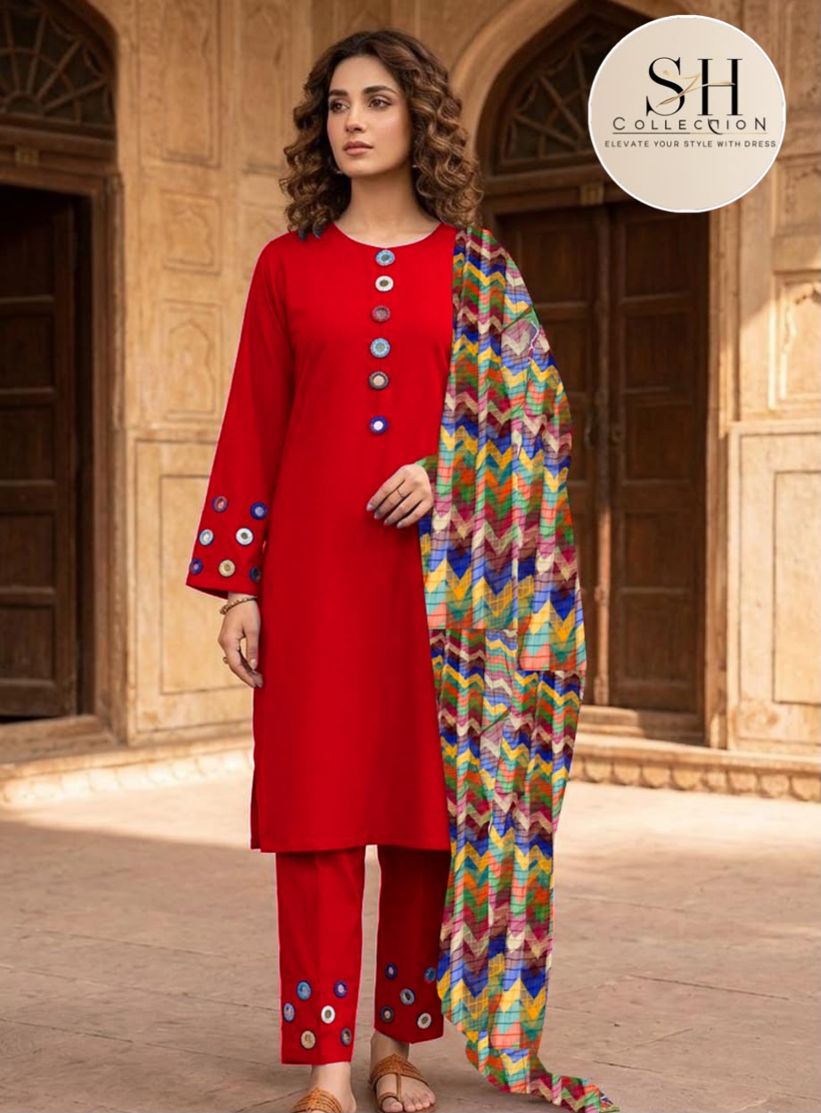 Multi Mirror Attached On Neckline,Sleeves And Farshi Shalwar Bottom