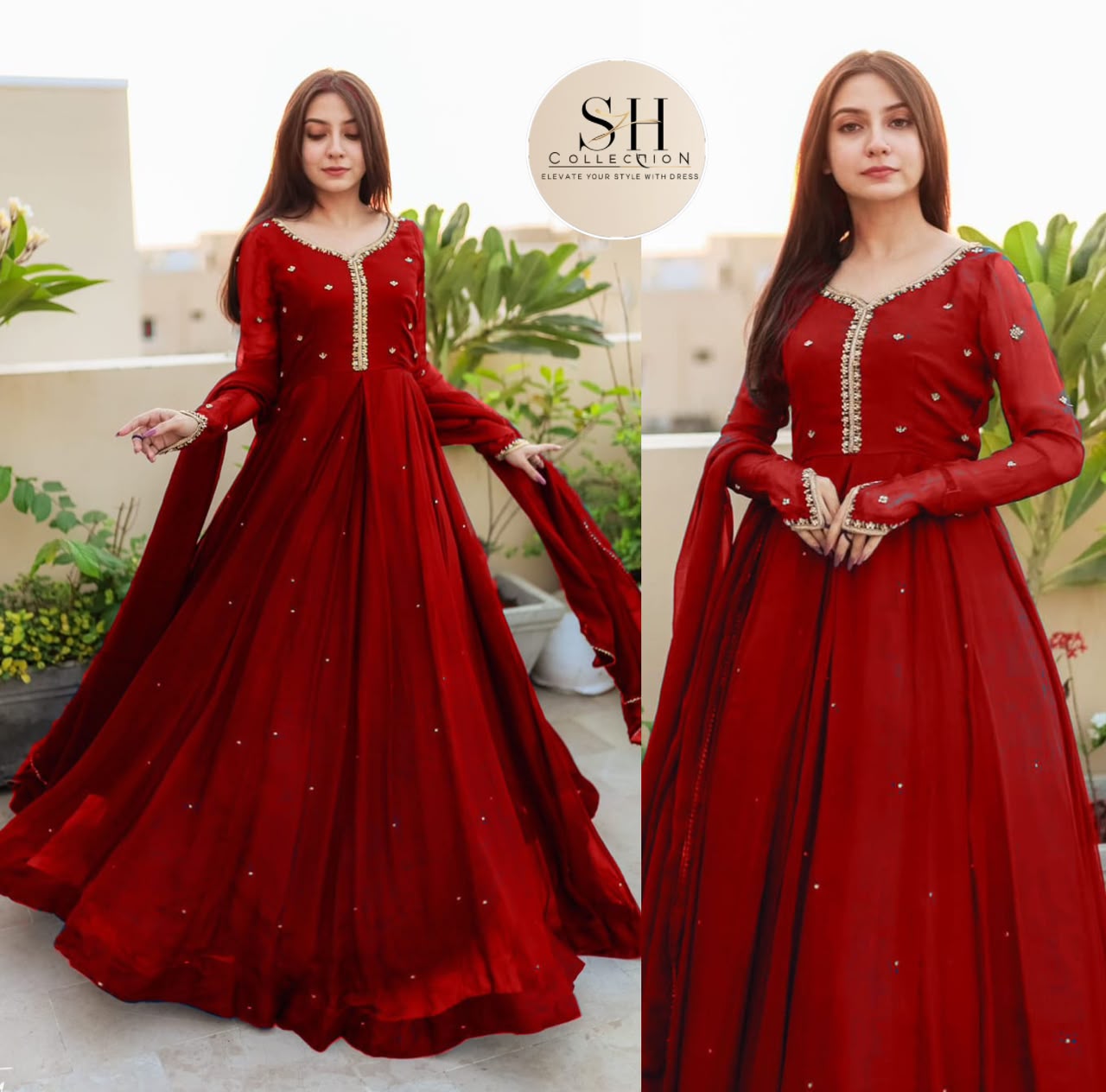 Embroidered with Pearls Attached Long Maxi With Lace Work Chiffon