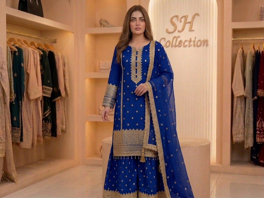 Premium chiffon shirt featuring beautiful golden embroidery on the neckline, sleeves