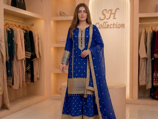 Premium chiffon shirt featuring beautiful golden embroidery on the neckline, sleeves