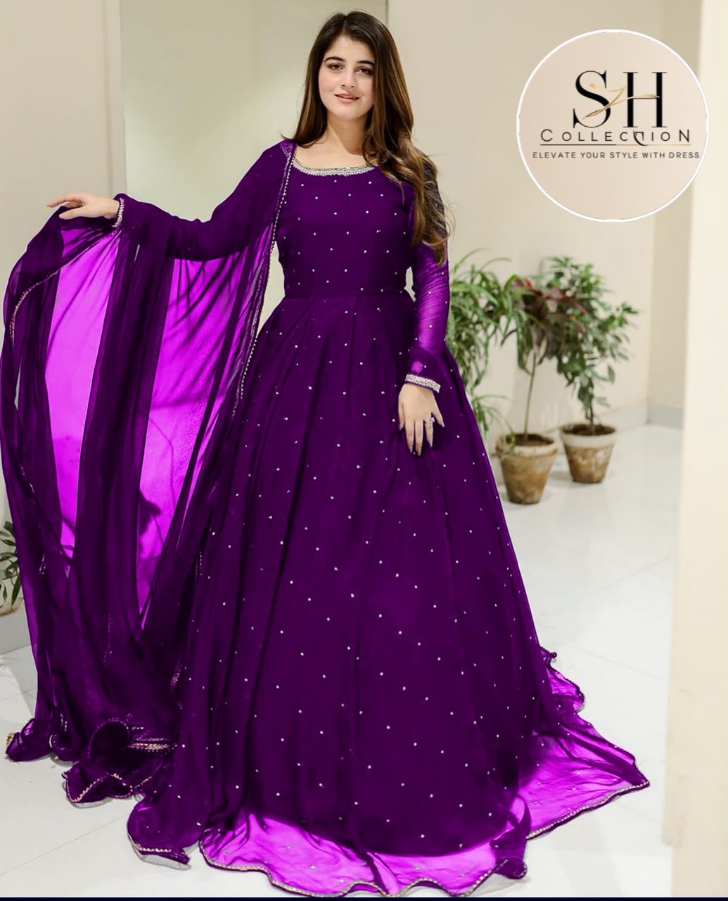 Front And Back Pearls With Lace Work Long Flare Maxi With dupatta 3pcs