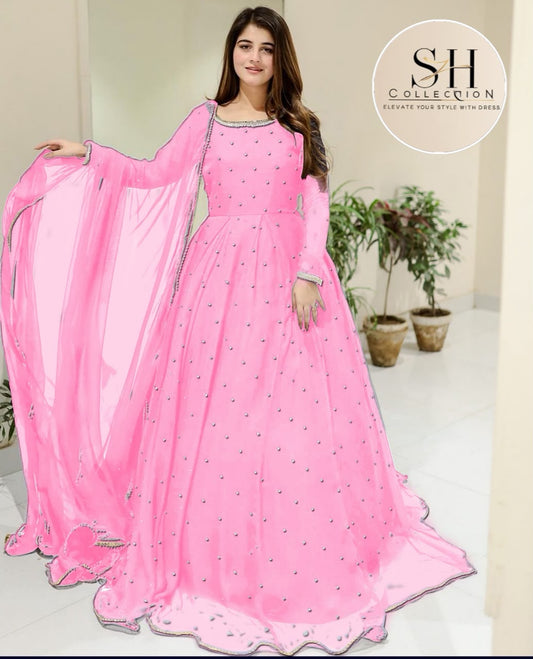 Front And Back Pearls With Lace Work Long Flare Maxi With dupatta 3pcs