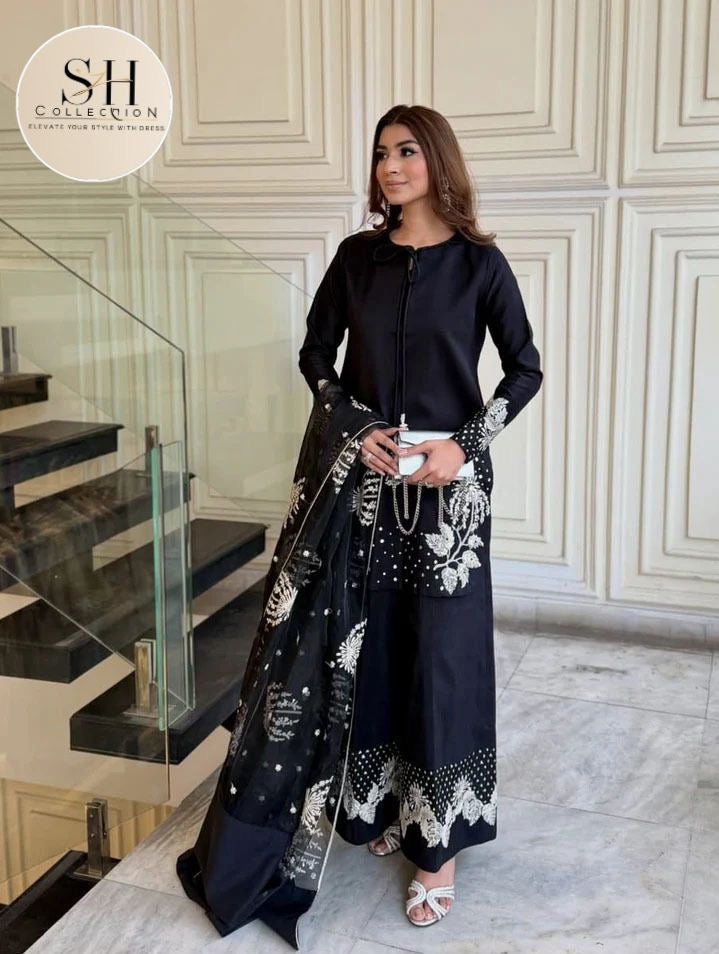 Heavy Sequence Border and Sleeves Embroidery with Embroidered Flapper