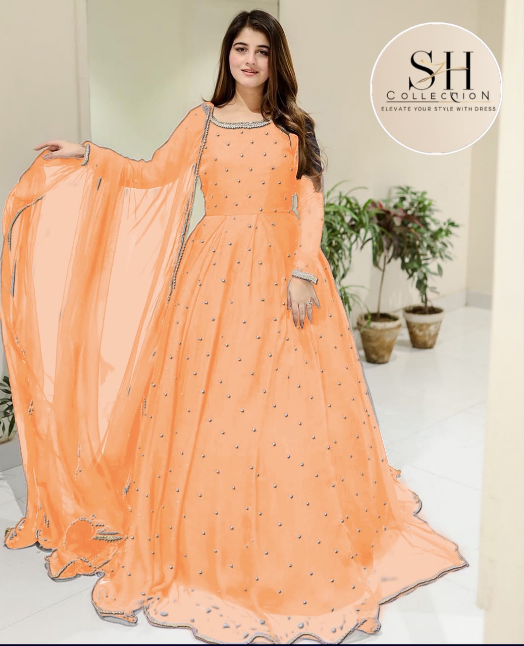 Front And Back Pearls With Lace Work Long Flare Maxi With dupatta 3pcs
