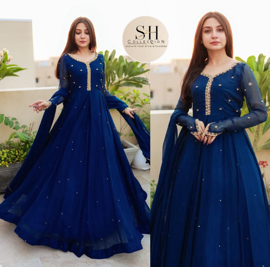 Embroidered with Pearls Attached Long Maxi With Lace Work Chiffon