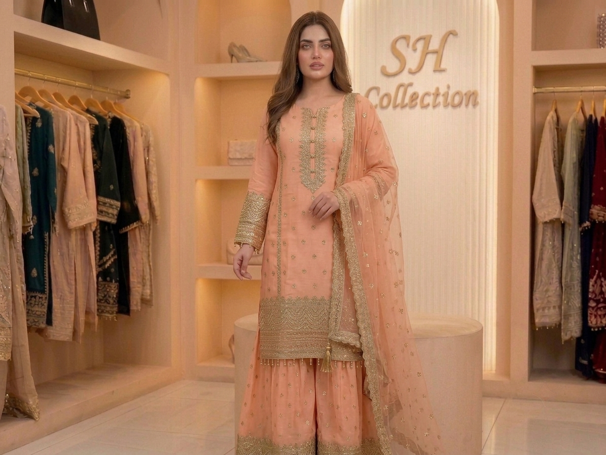 Premium chiffon shirt featuring beautiful golden embroidery on the neckline, sleeves