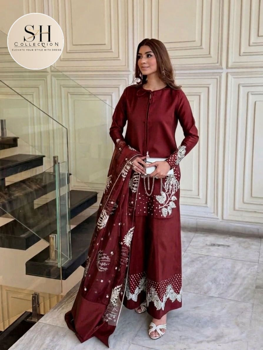 Heavy Sequence Border and Sleeves Embroidery with Embroidered Flapper