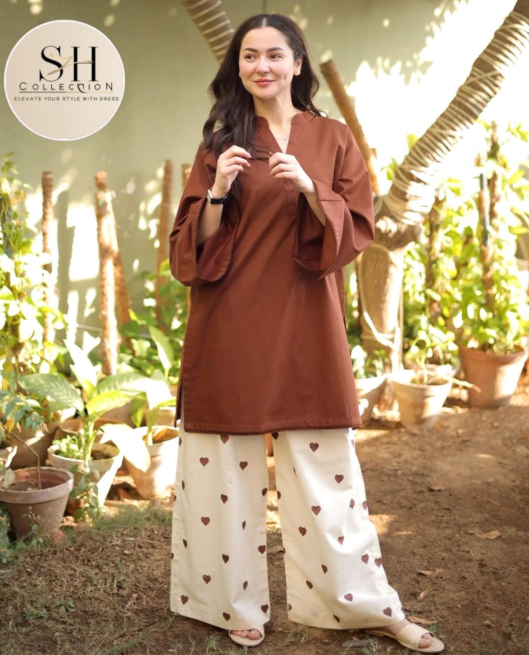 Lace Work On Border,Sleeve Shirt With Heart Contrast Embroidery Flapper 2Pcs
