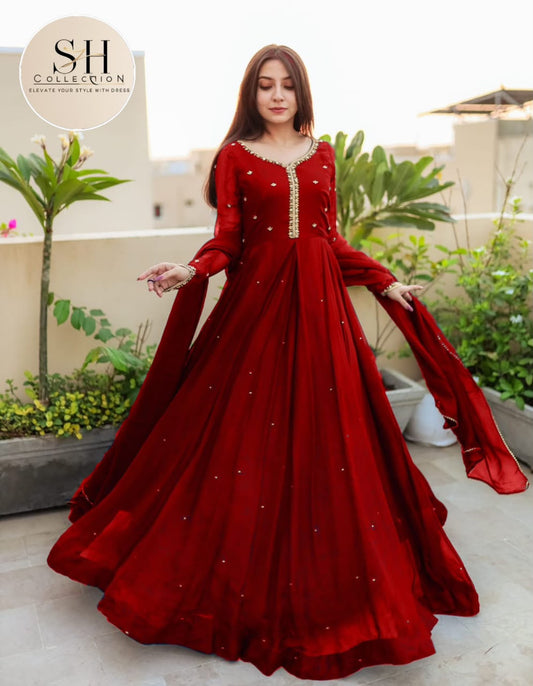Embroidered with Pearls Attached Long Maxi With Lace Work Chiffon