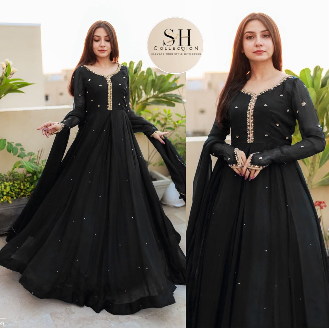 Embroidered with Pearls Attached Long Maxi With Lace Work Chiffon
