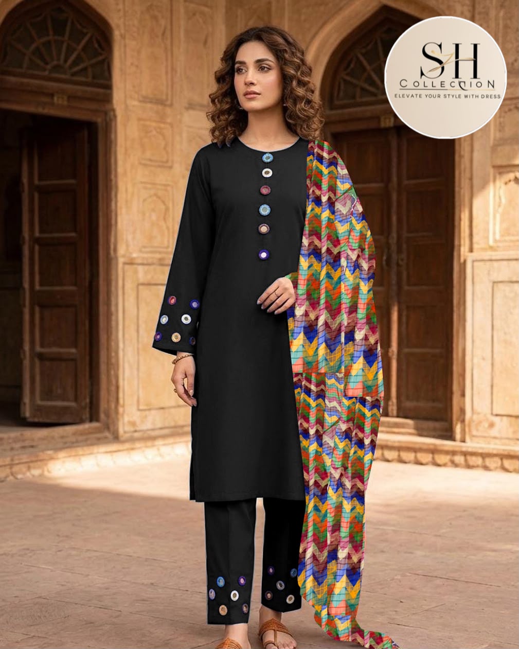 Multi Mirror Attached On Neckline,Sleeves And Farshi Shalwar Bottom