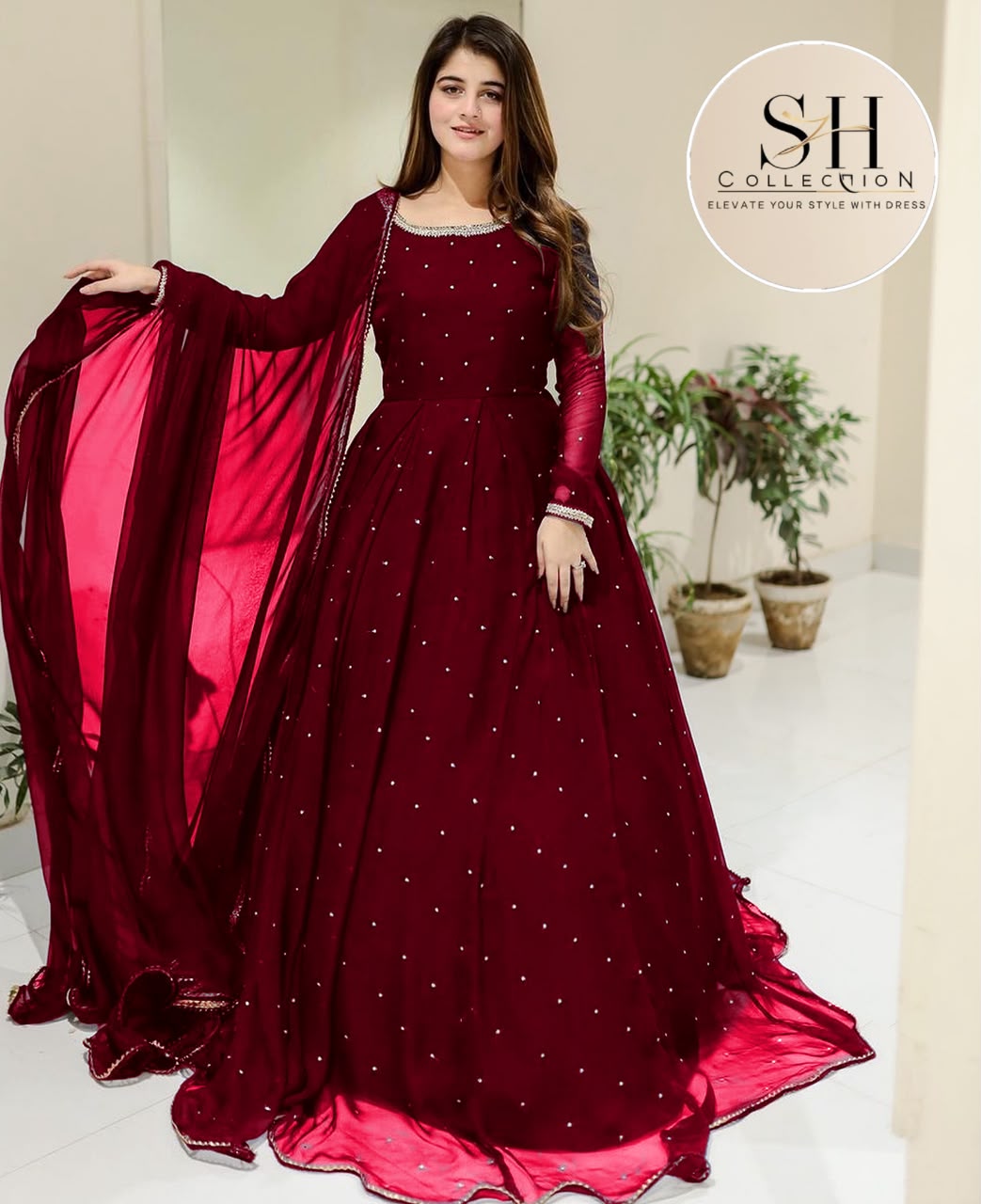 Front And Back Pearls With Lace Work Long Flare Maxi With dupatta 3pcs