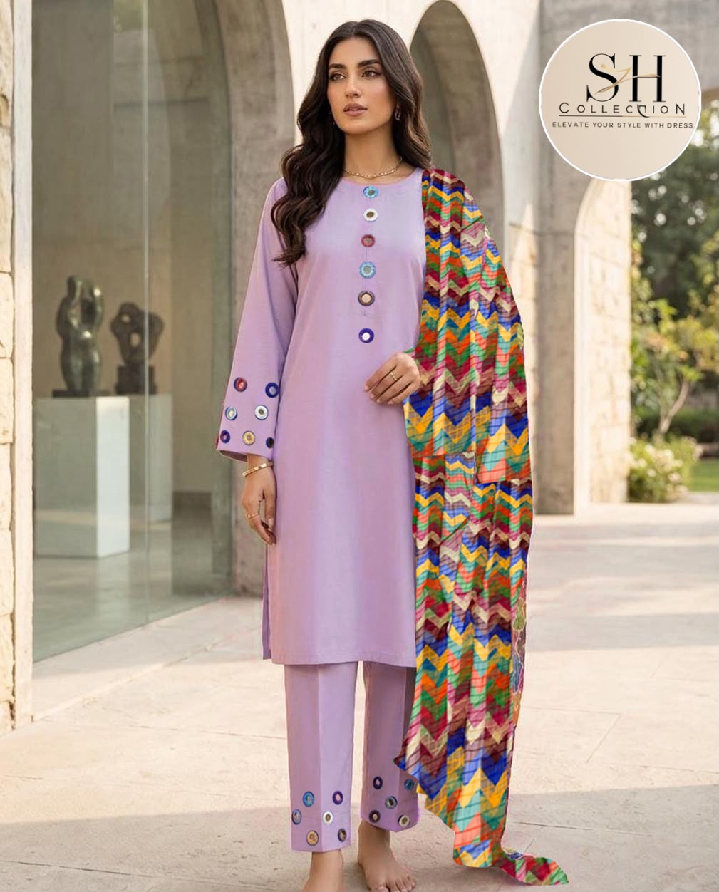 Multi Mirror Attached On Neckline,Sleeves And Farshi Shalwar Bottom