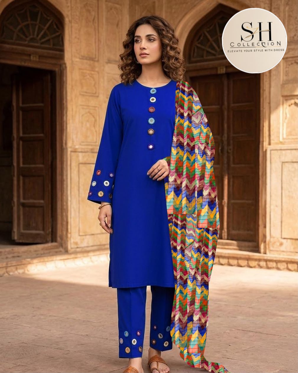 Multi Mirror Attached On Neckline,Sleeves And Farshi Shalwar Bottom