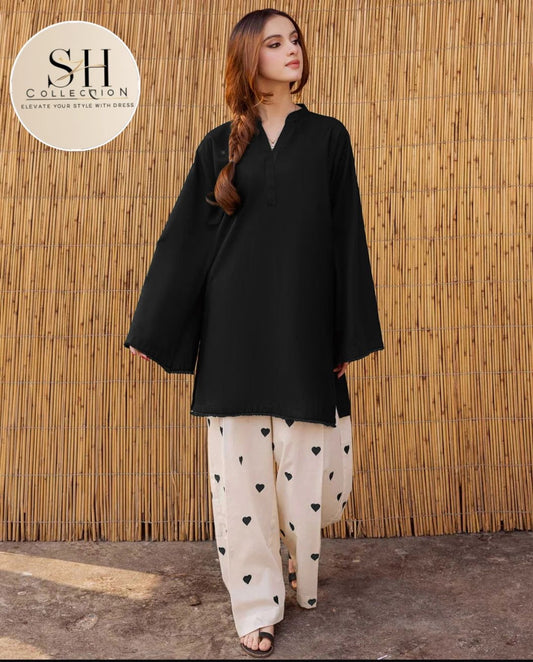Lace Work On Border,Sleeve Shirt With Heart Contrast Embroidery Flapper 2Pcs