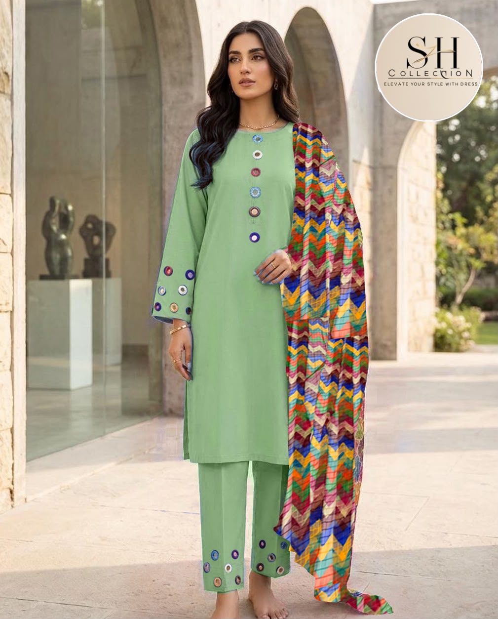 Multi Mirror Attached On Neckline,Sleeves And Farshi Shalwar Bottom