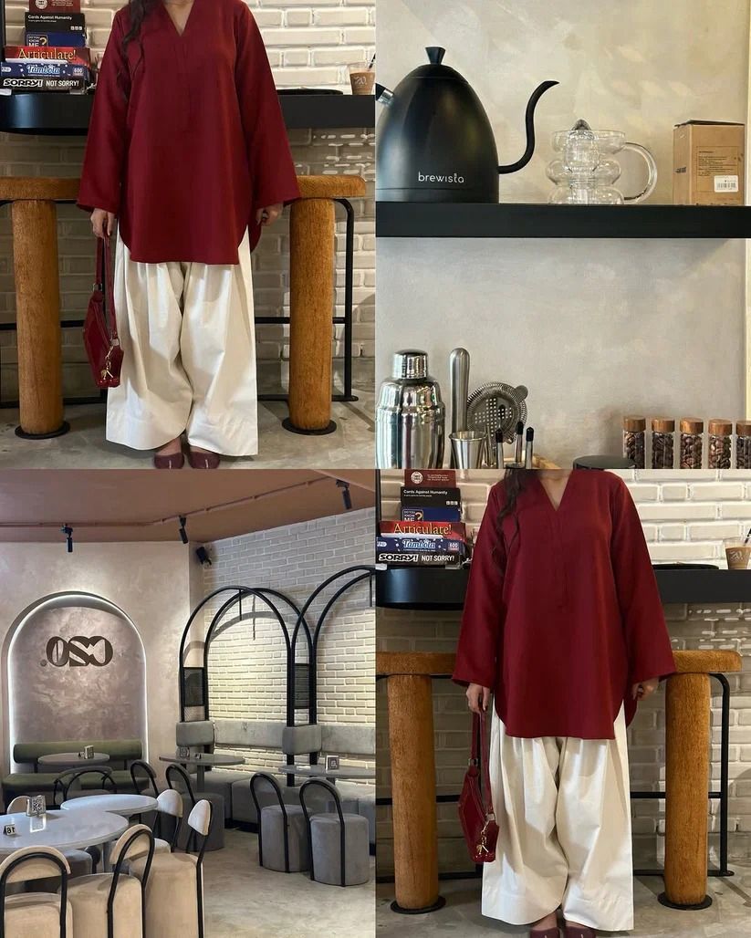 Round Style Kurti with Back Fitted Dori & Platted White Farshi Shalwar