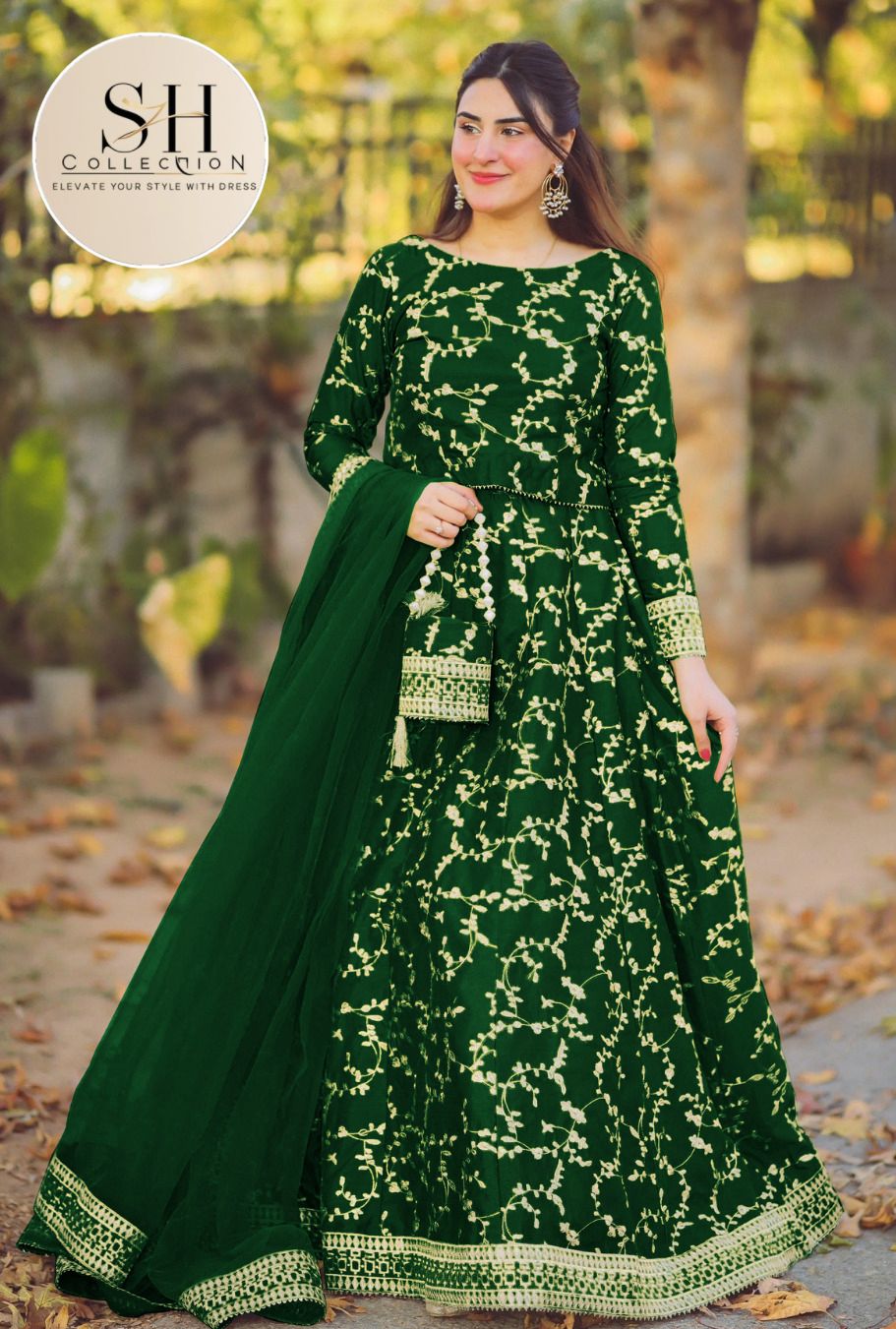4 Piece Front Embroidered Top With Long Flare Embroidery Skirt