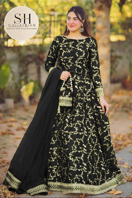 4 Piece Front Embroidered Top With Long Flare Embroidery Skirt