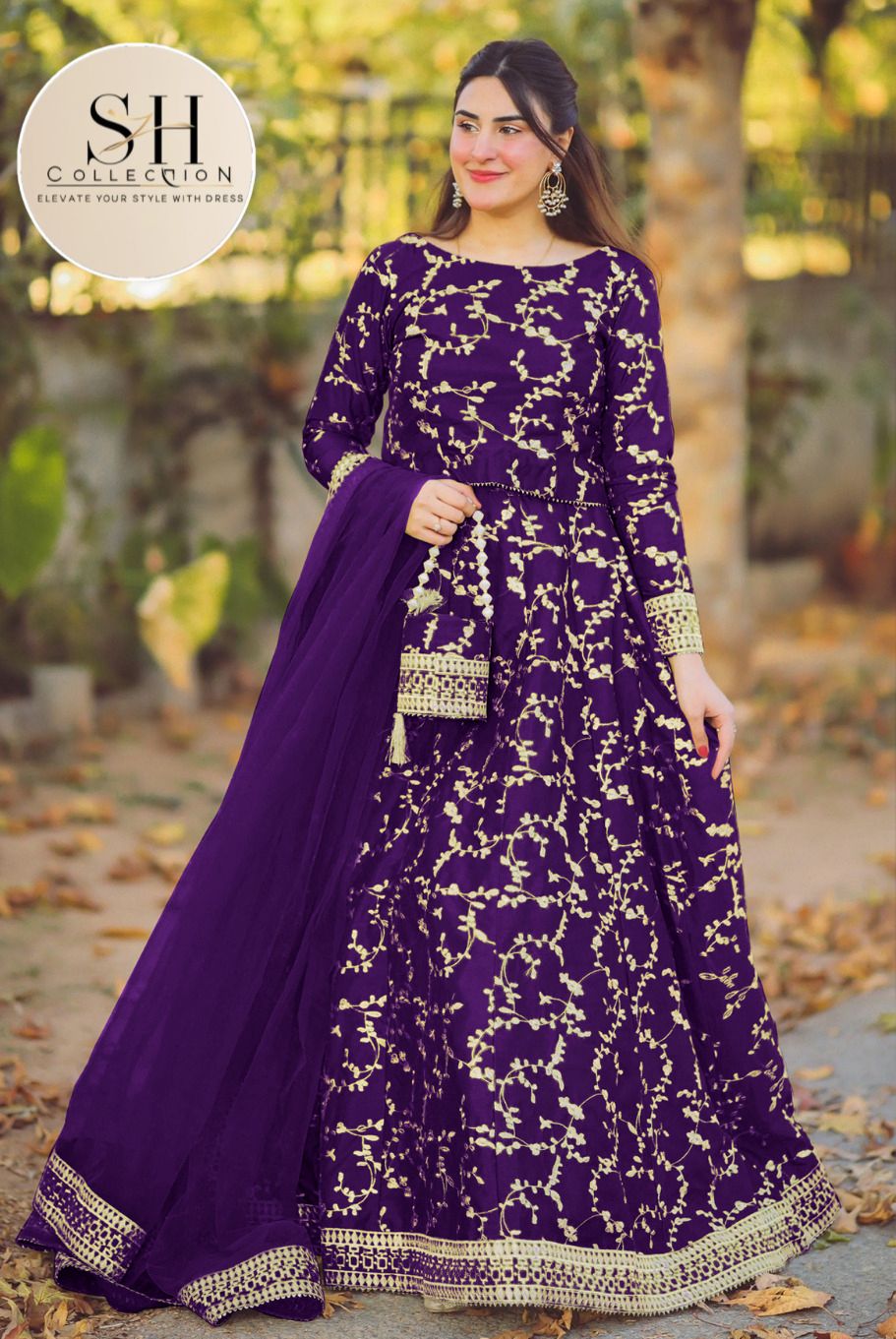 4 Piece Front Embroidered Top With Long Flare Embroidery Skirt
