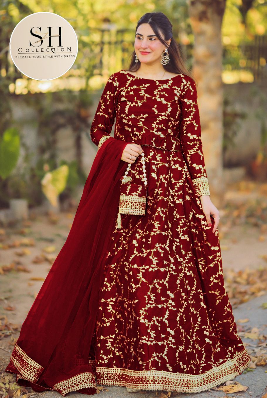 4 Piece Front Embroidered Top With Long Flare Embroidery Skirt