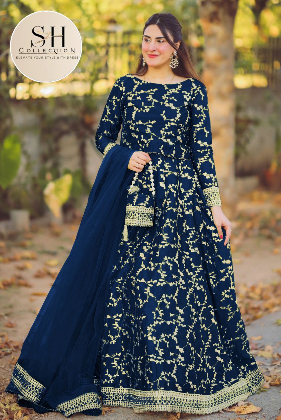 4 Piece Front Embroidered Top With Long Flare Embroidery Skirt
