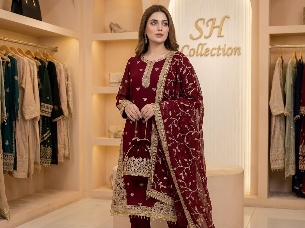 Premium Chiffon 4-Piece Suit with Stone Embellishments