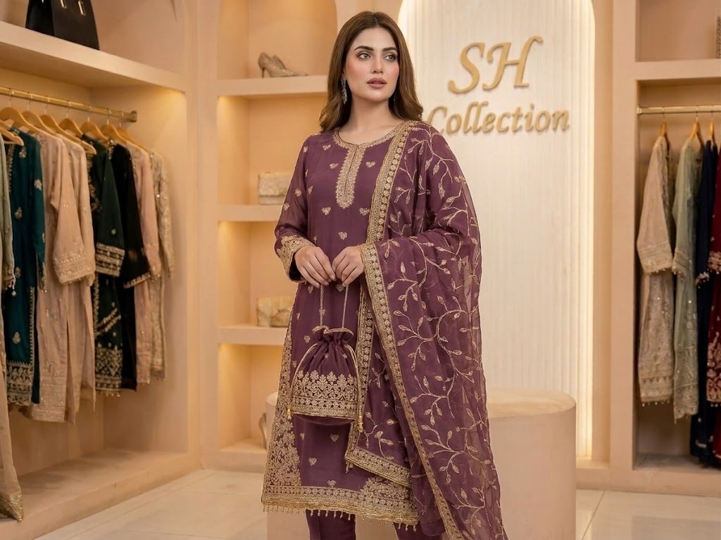 Premium Chiffon 4-Piece Suit with Stone Embellishments