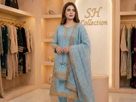 Premium Chiffon 4-Piece Suit with Stone Embellishments